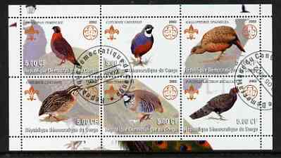 Congo 2002 Game Birds perf sheetlet containing set of 6 values, each with Scouts & Guides Logos cto used, stamps on scouts, stamps on guides, stamps on birds, stamps on game, stamps on pheasants, stamps on quail