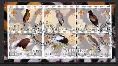 Congo 2002 Birds of Prey perf sheetlet containing set of 6 values, each with Scouts & Guides Logos cto used, stamps on , stamps on  stamps on scouts, stamps on  stamps on guides, stamps on  stamps on birds, stamps on  stamps on birds of prey, stamps on  stamps on eagles, stamps on  stamps on hawks