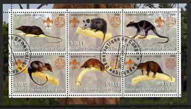 Congo 2002 Opossums perf sheetlet containing set of 6 values, each with Scouts & Guides Logos cto used, stamps on scouts, stamps on guides, stamps on animals, stamps on opossums