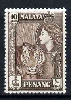 Malaya - Penang 1957 Tiger 10c brown (from def set) unmounted mint, SG 49*, stamps on cats, stamps on tigers