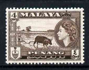 Malaya - Penang 1957 Ricefield 4c (from def set) unmounted mint, SG 46*, stamps on rice, stamps on oxen, stamps on bovine, stamps on food