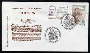 Andorra - Spanish 1985 Europa - Music Year perf set of 2 on Illustrated cover with special first day cancel, stamps on music, stamps on europa, stamps on composers