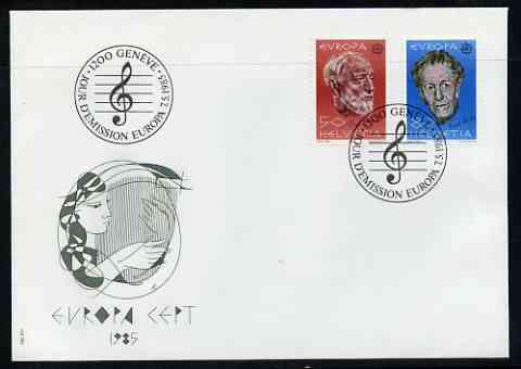Switzerland 1985 Europa - Music Year perf set of 2 on Illustrated cover with special first day cancel, stamps on music, stamps on europa, stamps on composers