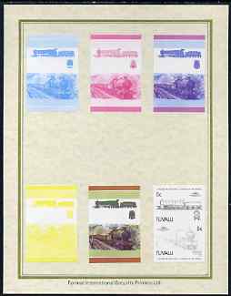 Tuvalu 1985 Locomotives #4 (Leaders of the World) 5c 'Churchward 2-8-0' set of 7 imperf progressive proof pairs comprising the 4 individual colours plus 2, 3 and all 4 colour composites mounted on special Format International cards (7 se-tenant proof pairs as SG 313a), stamps on railways
