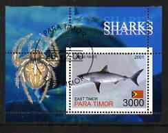 Timor (East) 2001 Sharks (Spider in margin) perf m/sheet cto used, stamps on fish, stamps on sharks, stamps on insects