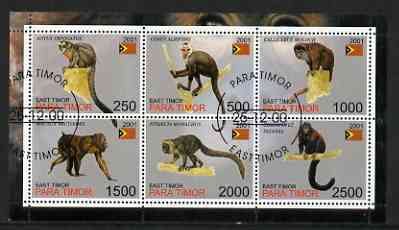 Timor (East) 2001 Monkeys perf sheetlet containing set of 6 values cto used, stamps on animals, stamps on apes