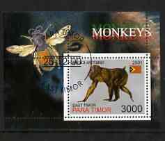Timor (East) 2001 Monkeys (Bee in margin) perf m/sheet cto used, stamps on animals, stamps on apes, stamps on bees