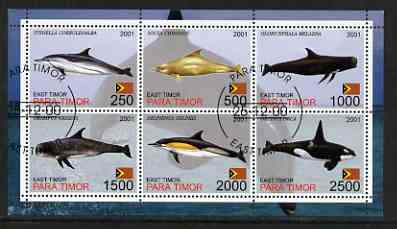 Timor (East) 2001 Whales & Dolphins perf sheetlet containing set of 6 values cto used, stamps on dolphins, stamps on whales