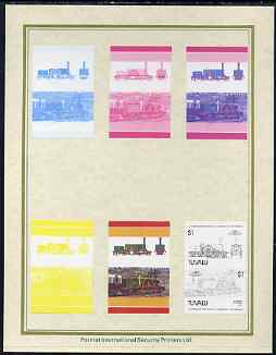 Tuvalu 1985 Locomotives #4 (Leaders of the World) $1 'Pearson 4-2-4' set of 7 imperf progressive proof pairs comprising the 4 individual colours plus 2, 3 and all 4 colour composites mounted on special Format International cards (7 se-tenant proof pairs as SG 319a), stamps on railways