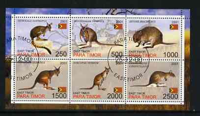 Timor (East) 2001 Kangaroos perf sheetlet containing set of 6 values cto used, stamps on animals, stamps on kangaroos