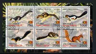 Timor (East) 2001 Squirrels perf sheetlet containing set of 6 values cto used, stamps on animals, stamps on squirrels