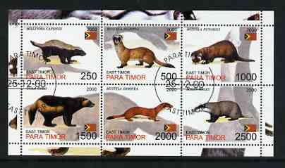 Timor (East) 2001 Martens perf sheetlet containing set of 6 values cto used, stamps on animals, stamps on martens