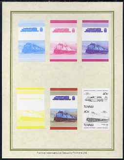 Tuvalu 1985 Locomotives #5 (Leaders of the World) 40c 'SD-50 Diesel' set of 7 imperf progressive proof pairs comprising the 4 individual colours plus 2, 3 and all 4 colour composites mounted on special Format International cards (7 se-tenant proof pairs as SG 350a), stamps on railways