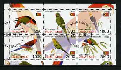 Timor (East) 2001 Parrots perf sheetlet containing set of 6 values cto used, stamps on birds, stamps on parrots