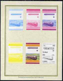 Tuvalu 1985 Locomotives #5 (Leaders of the World) 65c 'Flying Hamburger' set of 7 imperf progressive proof pairs comprising the 4 individual colours plus 2, 3 and all 4 colour composites mounted on special Format International cards (7 se-tenant proof pairs as SG 352a), stamps on railways