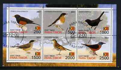Timor (East) 2001 Thrushes perf sheetlet containing set of 6 values cto used, stamps on birds, stamps on thrushes