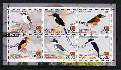 Timor (East) 2001 Kingfishers perf sheetlet containing set of 6 values cto used, stamps on birds, stamps on kingfisher