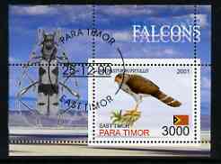 Timor (East) 2001 Falcons (Insect in margin) perf m/sheet cto used, stamps on , stamps on  stamps on birds, stamps on  stamps on birds of prey, stamps on  stamps on falcons, stamps on  stamps on insects, stamps on  stamps on 