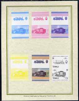 Tuvalu 1985 Locomotives #5 (Leaders of the World) $1 'Class 1070 4-4-2' set of 7 imperf progressive proof pairs comprising the 4 individual colours plus 2, 3 and all 4 colour composites mounted on special Format International cards (7 se-tenant proof pairs as SG 354a), stamps on railways