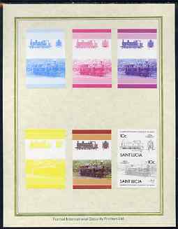 St Lucia 1985 Locomotives #4 (Leaders of the World) 10c '0-6-2 Tank' set of 7 imperf progressive proof pairs comprising the 4 individual colours plus 2, 3 and all 4 colour composites mounted on special Format International cards (as SG 824a), stamps on railways