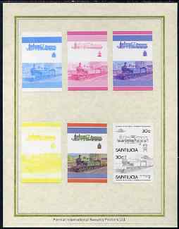 St Lucia 1985 Locomotives #4 (Leaders of the World) 30c Class M 4-4-0 set of 7 imperf progressive proof pairs comprising the 4 individual colours plus 2, 3 and all 4 colo..., stamps on railways