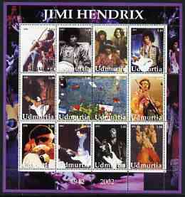 Udmurtia Republic 2002 Jimi Hendrix perf sheetlet containing set of 12 values unmounted mint, stamps on personalities, stamps on music, stamps on pops, stamps on 