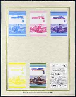 St Lucia 1985 Locomotives #4 (Leaders of the World) 75c 'Dunalastair 4-4-0' set of 7 imperf progressive proof pairs comprising the 4 individual colours plus 2, 3 and all 4 colour composites mounted on special Format International cards (as SG 828a), stamps on railways