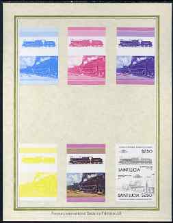 St Lucia 1985 Locomotives #4 (Leaders of the World) $2.50 'Big Bertha 0-10-0' set of 7 imperf progressive proof pairs comprising the 4 individual colours plus 2, 3 and all 4 colour composites mounted on special Format International cards (as SG 830a), stamps on railways