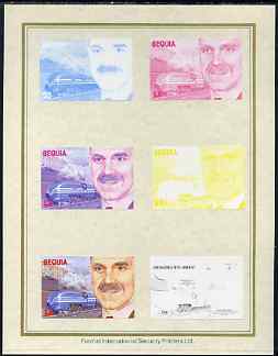 St Vincent - Bequia 1986 Locomotives & Engineers (Leaders of the World) $3.00 (Sir William Stanier & Coronation) set of 7 imperf progressive proofs comprising the 4 indiv..., stamps on personalities     railways    engineers