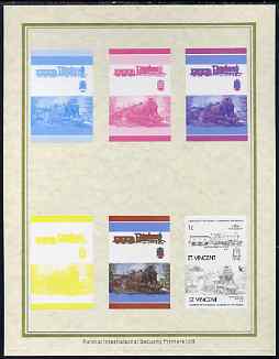 St Vincent 1985 Locomotives #4 (Leaders of the World) 1c (4-4-0 Glen Douglas) set of 7 imperf progressive proof pairs comprising the 4 individual colours plus 2, 3 and all 4 colour composites mounted on special Format International cards (7 se-tenant proof pairs as SG 872a), stamps on railways