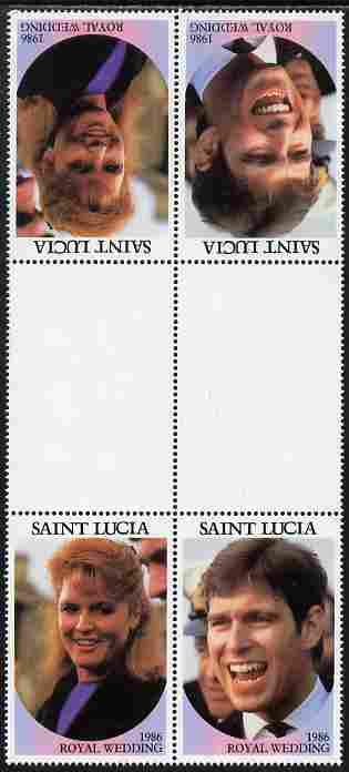 St Lucia 1986 Royal Wedding (Andrew & Fergie) 80c perforated tete-beche se-tenant gutter block of 4 with face value omitted unmounted mint , stamps on , stamps on  stamps on royalty, stamps on  stamps on andrew, stamps on  stamps on fergie, stamps on  stamps on 