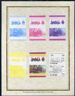 St Vincent 1985 Locomotives #4 (Leaders of the World) 10c (0-6-0 Fenchurch) set of 7 imperf progressive proof pairs comprising the 4 individual colours plus 2, 3 and all 4 colour composites mounted on special Format International cards (7 se-tenant proof pairs as SG 874a), stamps on railways