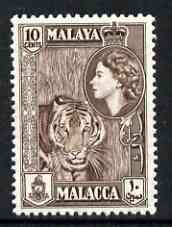 Malaya - Malacca 1957 Tiger 10c brown (from def set) unmounted mint, SG 44*, stamps on tigers, stamps on cats