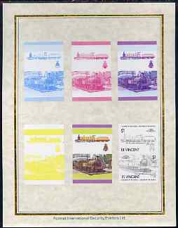 St Vincent 1985 Locomotives #4 (Leaders of the World) $1 (4-6-0 Jones Goods) set of 7 imperf progressive proof pairs comprising the 4 individual colours plus 2, 3 and all 4 colour composites mounted on special Format International cards (7 se-tenant proof pairs as SG 880a), stamps on railways