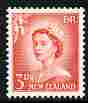 New Zealand 1955-59 QEII 3d vermilion (large numeral)  on white opaque paper unmounted mint, SG 748b, stamps on qeii, stamps on 
