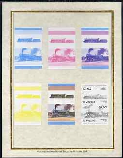 St Vincent 1985 Locomotives #4 (Leaders of the World) $2.50 (4-6-2 Great Bear) set of 7 imperf progressive proof pairs comprising the 4 individual colours plus 2, 3 and all 4 colour composites mounted on special Format International cards (7 se-tenant proof pairs as SG 882a), stamps on railways