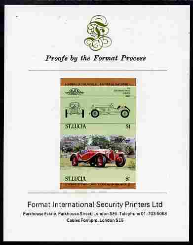 St Lucia 1984 Cars #1 (Leaders of the World) $1 Alfa Romeo (1930) imperf se-tenant proof pair mounted on Format International proof card, stamps on cars, stamps on alfa romeo