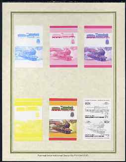 St Vincent - Union Island 1985 Locomotives #3 (Leaders of the World) 60c Butler Henderson 4-4-0 set of 7 imperf progressive proof pairs comprising the 4 individual colour..., stamps on railways