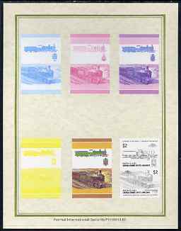 St Vincent - Union Island 1985 Locomotives #3 (Leaders of the World) $2 Gordon Highlander 4-4-0 set of 7 imperf progressive proof pairs comprising the 4 individual colour..., stamps on railways