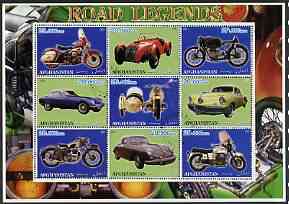 Afghanistan 2001 Road Legends perf sheetlet containing set of 9 values cto used (5 Motorcycles & 4 cars), stamps on motorbikes, stamps on cars