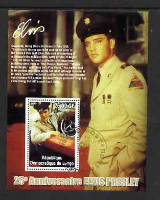 Congo 2002 25th Death Anniversary of Elvis Presley perf souvenir sheet #7 (1958 colour pic of Elvis in GI uniform in car) cto used, stamps on elvis, stamps on music, stamps on entertainments, stamps on films, stamps on uniforms