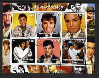 Congo 2002 Elvis Presley perf sheetlet #2 containing set of 6 values cto used, stamps on personalities, stamps on elvis, stamps on music, stamps on films, stamps on entertainments, stamps on pops