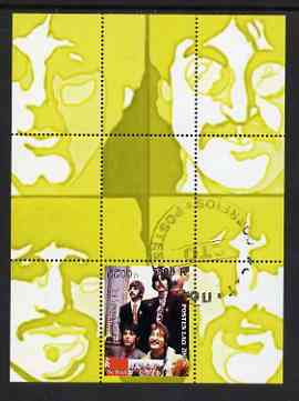 Laos 2000 The Beatles perf deluxe sheet #01 (yellow background) cto used, stamps on personalities, stamps on music, stamps on entertainments, stamps on pops, stamps on beatles