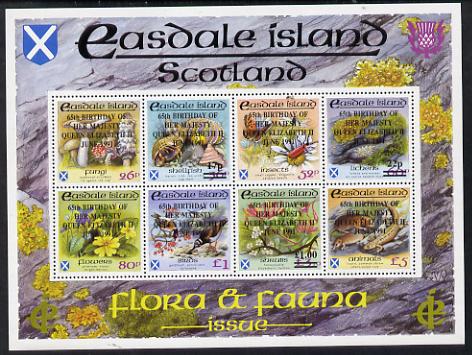 Easdale 1991 65th Birthday of Queen Elizabeth overprinted on Flora & Fauna perf sheetlet containing complete set of 8 values (26p to \A35) unmounted mint, stamps on animals, stamps on birds, stamps on butterflies, stamps on flowers, stamps on fungi, stamps on marine life, stamps on royalty, stamps on shells, stamps on goldfinch, stamps on tern, stamps on turnstone