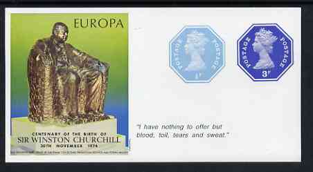 Cinderella - Great Britain 1974 Europa Souvenir Sheet Celebrating Birth of Sir Winston Churchill with 1/2p & 3p octagonal postally valid stamps, with quotation 'I have nothing to offer ...' unmounted mint, stamps on europa, stamps on churchill, stamps on personalities, stamps on  ww2 , stamps on 