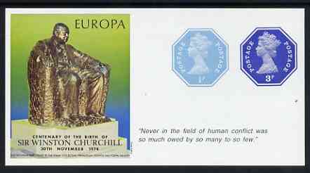Cinderella - Great Britain 1974 Europa Souvenir Sheet Celebrating Birth of Sir Winston Churchill with 1/2p & 3p octagonal postally valid stamps, with quotation Never in t..., stamps on europa, stamps on churchill, stamps on personalities, stamps on  ww2 , stamps on 