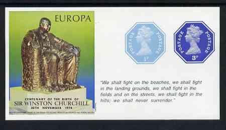 Cinderella - Great Britain 1974 Europa Souvenir Sheet Celebrating Birth of Sir Winston Churchill with 1/2p & 3p octagonal postally valid stamps, with quotation 'We shall fight on the beaches ...' unmounted mint, stamps on europa, stamps on churchill, stamps on personalities, stamps on  ww2 , stamps on 