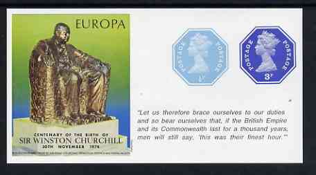Cinderella - Great Britain 1974 Europa Souvenir Sheet Celebrating Birth of Sir Winston Churchill with 1/2p & 3p octagonal postally valid stamps, with quotation This was t..., stamps on europa, stamps on churchill, stamps on personalities, stamps on  ww2 , stamps on 