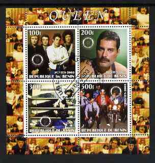 Benin 2003 Queen (pop group) #2 perf sheetlet containing set of 4 values each with Rotary International Logo cto used, stamps on personalities, stamps on entertainments, stamps on music, stamps on pops, stamps on rotary, stamps on motorbikes
