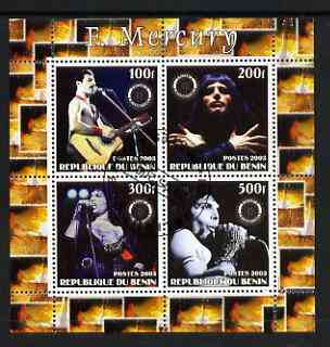 Benin 2003 Freddie Mercury (Queen pop group) perf sheetlet containing set of 4 values each with Rotary International Logo cto used, stamps on personalities, stamps on entertainments, stamps on music, stamps on pops, stamps on rotary